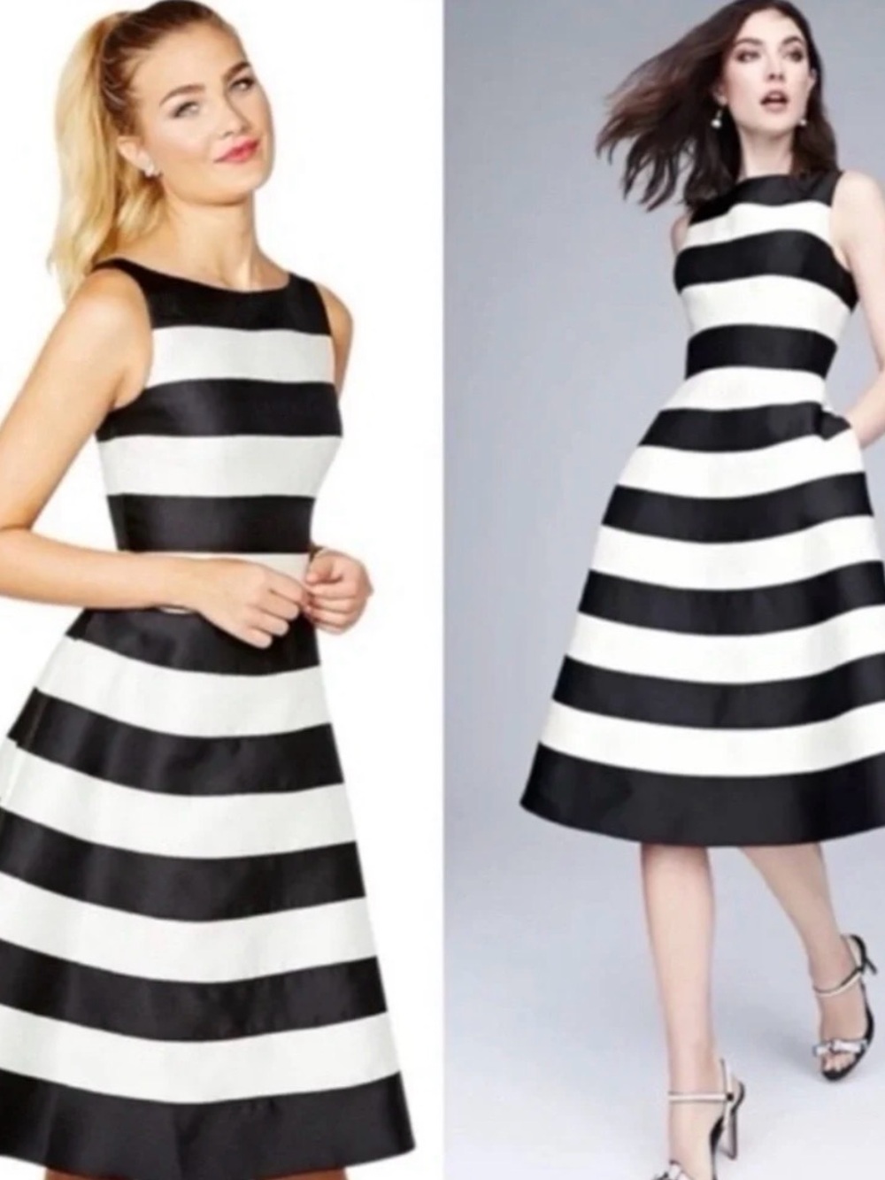 Adrianna Papell Black and White Horizontal Stripe Midi Dress